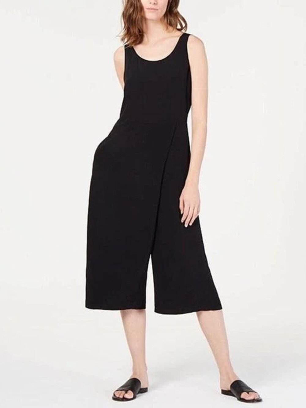 Eileen Fisher Tencel Viscose Faux Wrap Cropped Wide Leg Jumpsuit Black Size XL
